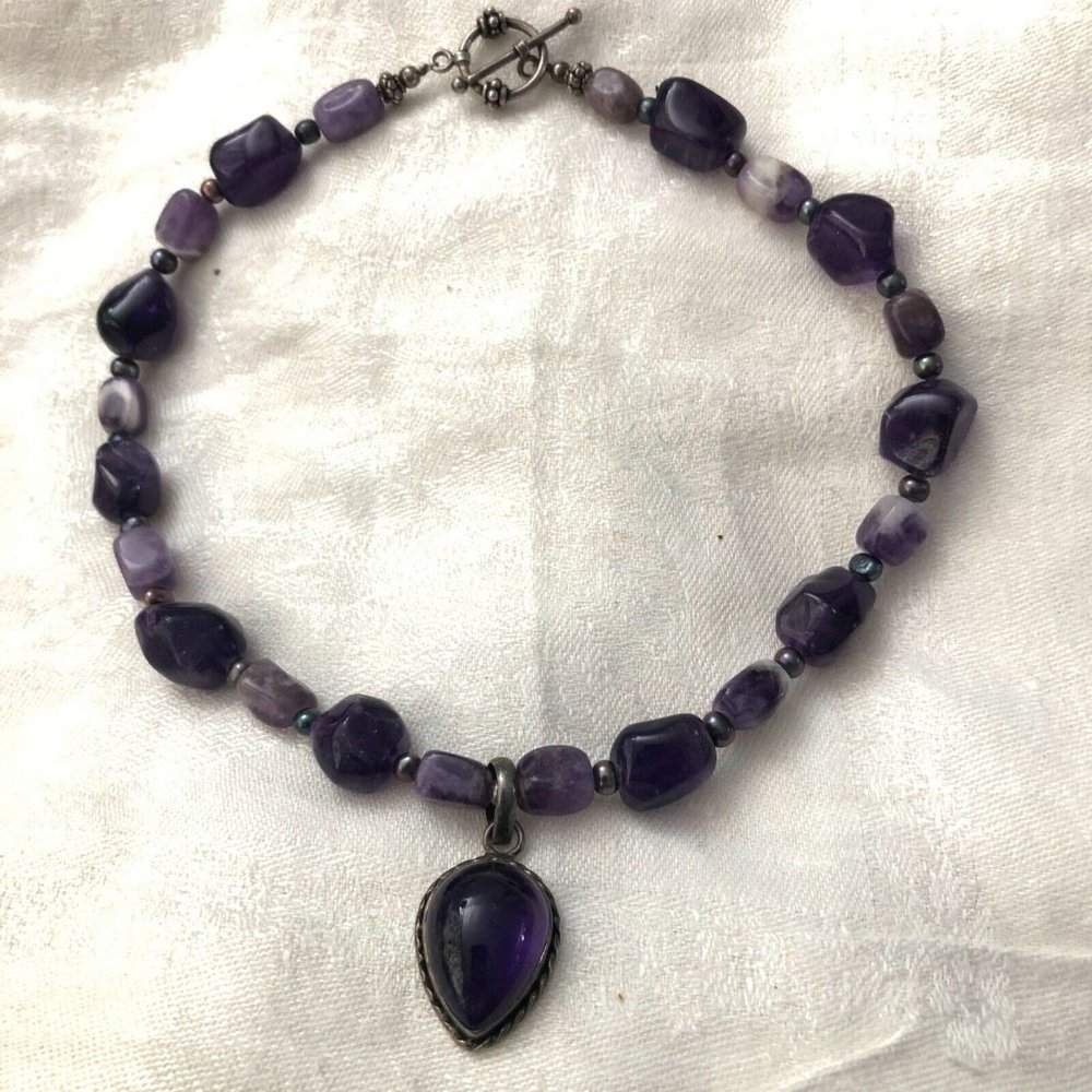 Vintage Sterling Amethyst Freeform Bead Necklace